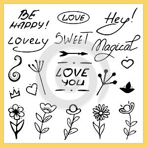 Collection of handwritten slogans or phrases and hand drawn decorative design elements in trendy doodle
